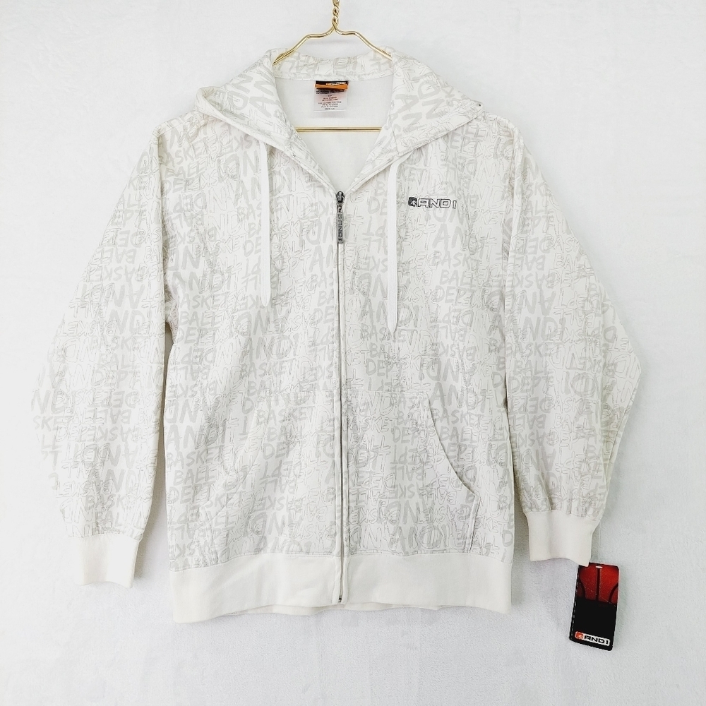 NEW And1 White with Gray Logo Pattern Zip Front Pockets Hooded Sweatshirt Z16